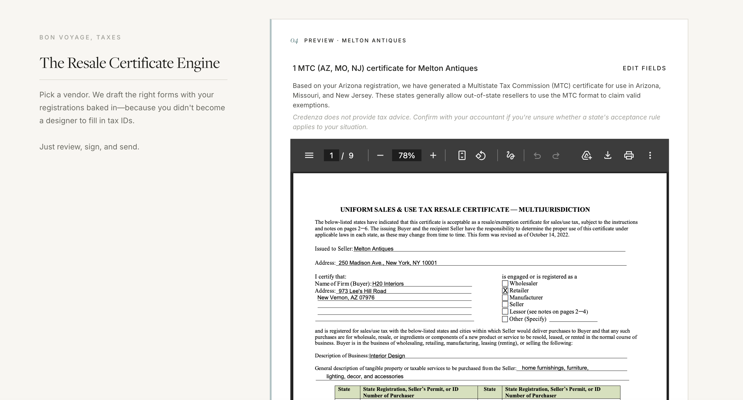 Credenza cert generator — preview of a Multistate Tax Commission (MTC) certificate for Melton Antiques covering Arizona, Missouri, and New Jersey, pre-filled for H20 Interiors