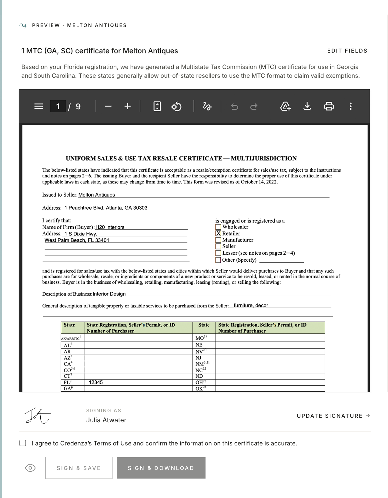 Credenza resale certificate preview — the filled MTC certificate, ready to review and sign