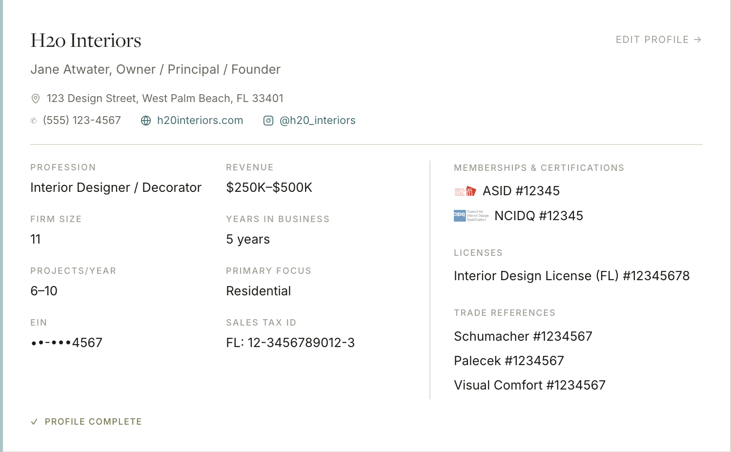 Trade profile showing business details, memberships, licenses, and trade references